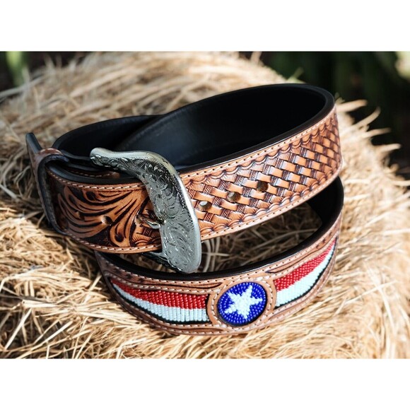 Western Rodeo Tooled Leather TEXAS Color Beaded Belt Basket Weave Billet Size 36 - Picture 1 of 5